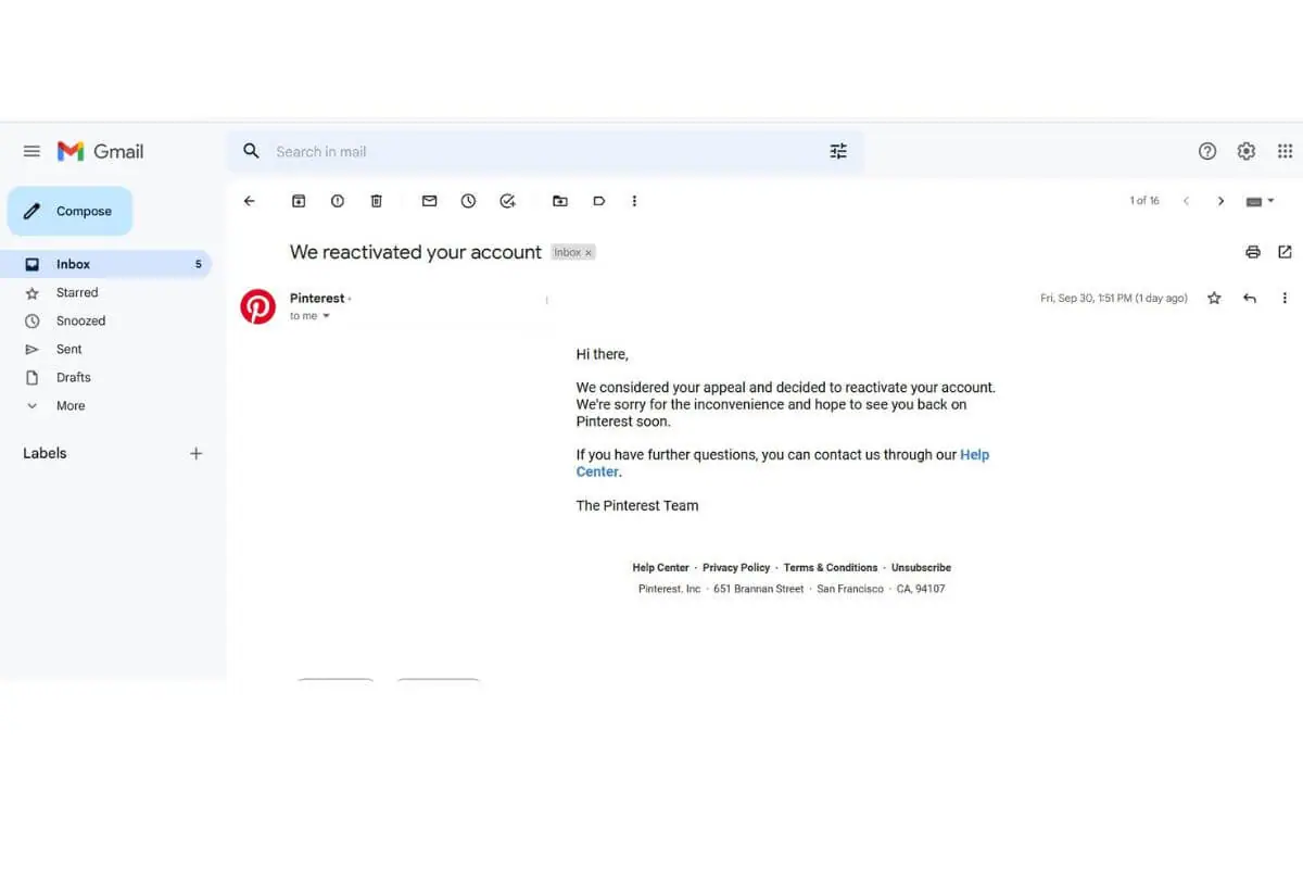 Email sent by Pinterest that your account has been activated 